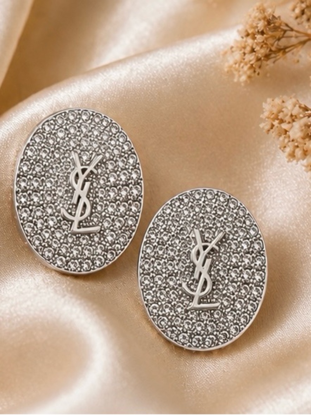 Silver Tone Oval Rhinestone Statement Stud Earrings Sparkling Glam
